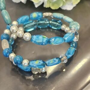 Elegant Blue Beaded Bracelet Memory Wire Bracelet